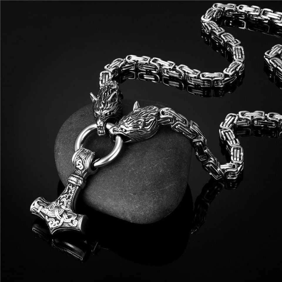 Men's Retro Stainless Steel Wolf & Viking Thor's Hammer Pendant Necklace 22" Chain