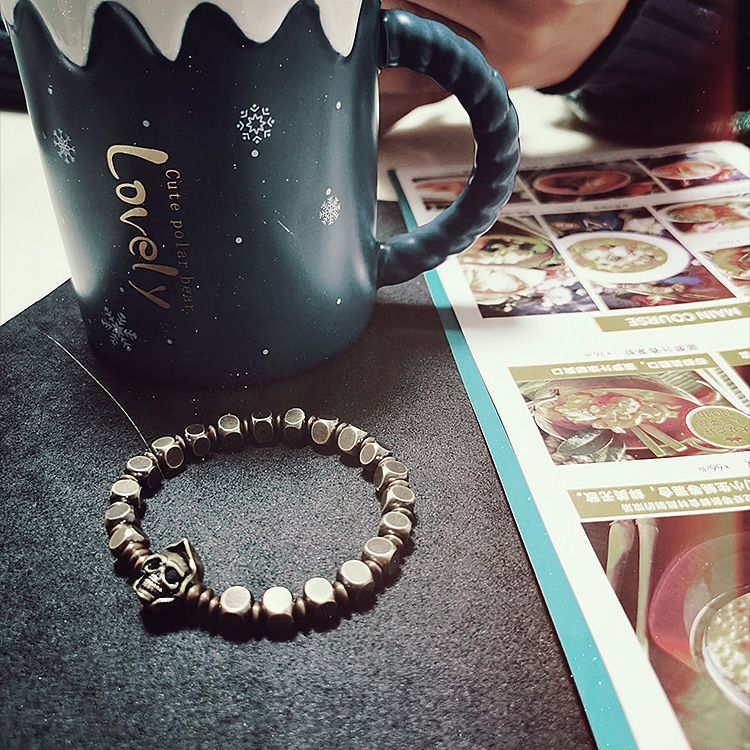Square bead skull vintage brass bracelet