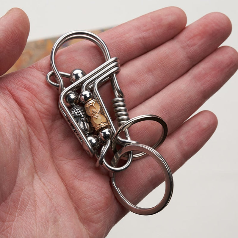Prayer Wheel with Buddha Head Handmade Stainless Steel Keychain