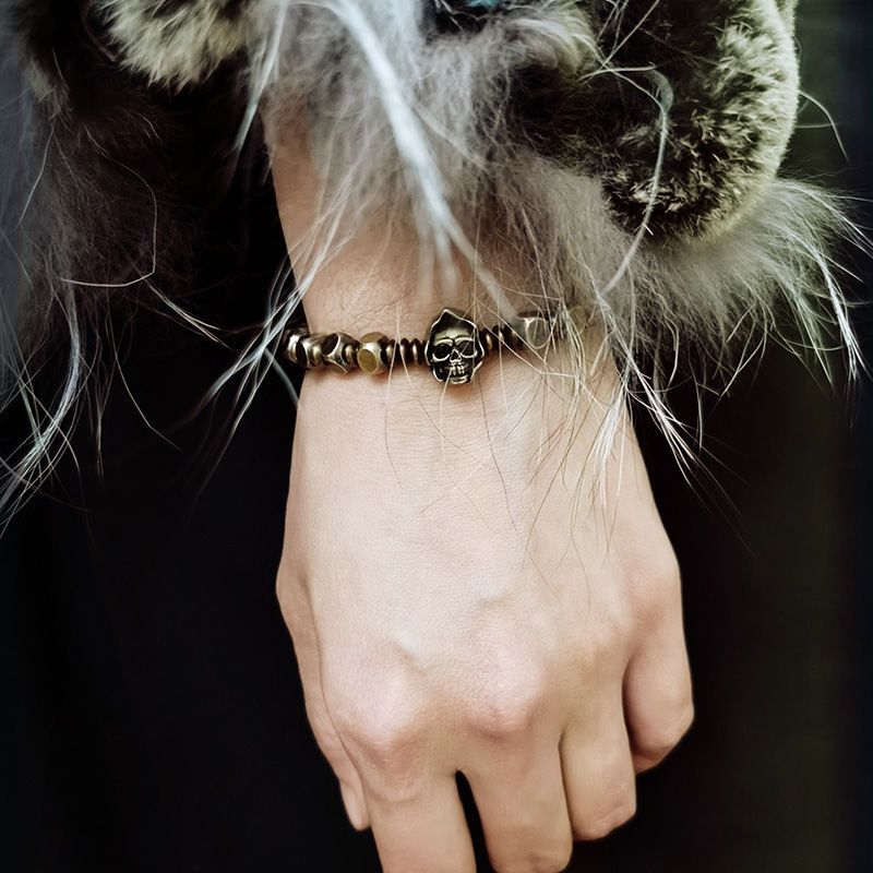 Square bead skull vintage brass bracelet