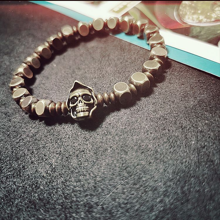 Square bead skull vintage brass bracelet